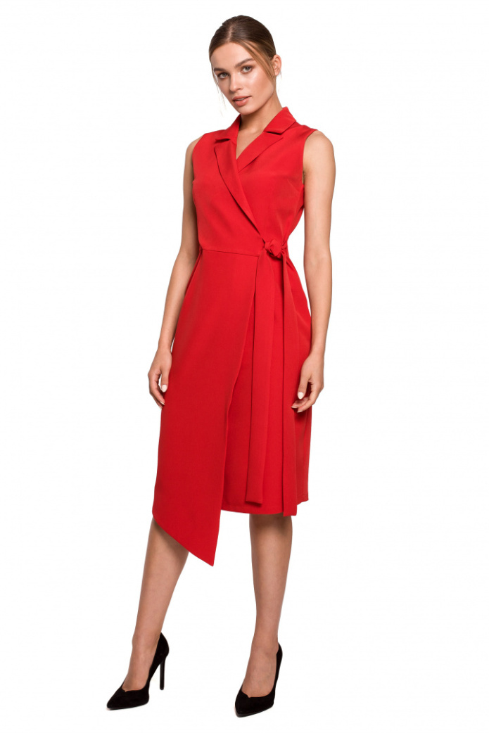 Sukienka Midi - Żakietowa Asymetryczna Na Zakładkę Z Wiązaniem Bez Rękawów - czerwona